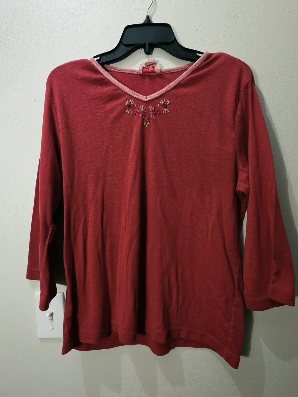 April Cornell Red V-Neck Long Sleeve Cotton Blend Top Embroidered Blouse